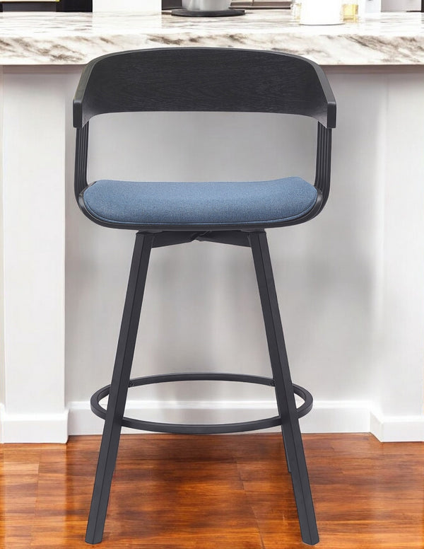 Homeroots 27" Blue And Black Fabric With Metal Swivel Counter Height Bar Chair   534454