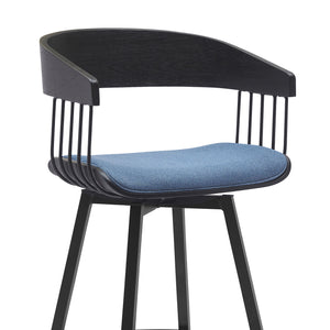 Homeroots 27" Blue And Black Fabric With Metal Swivel Counter Height Bar Chair   534454