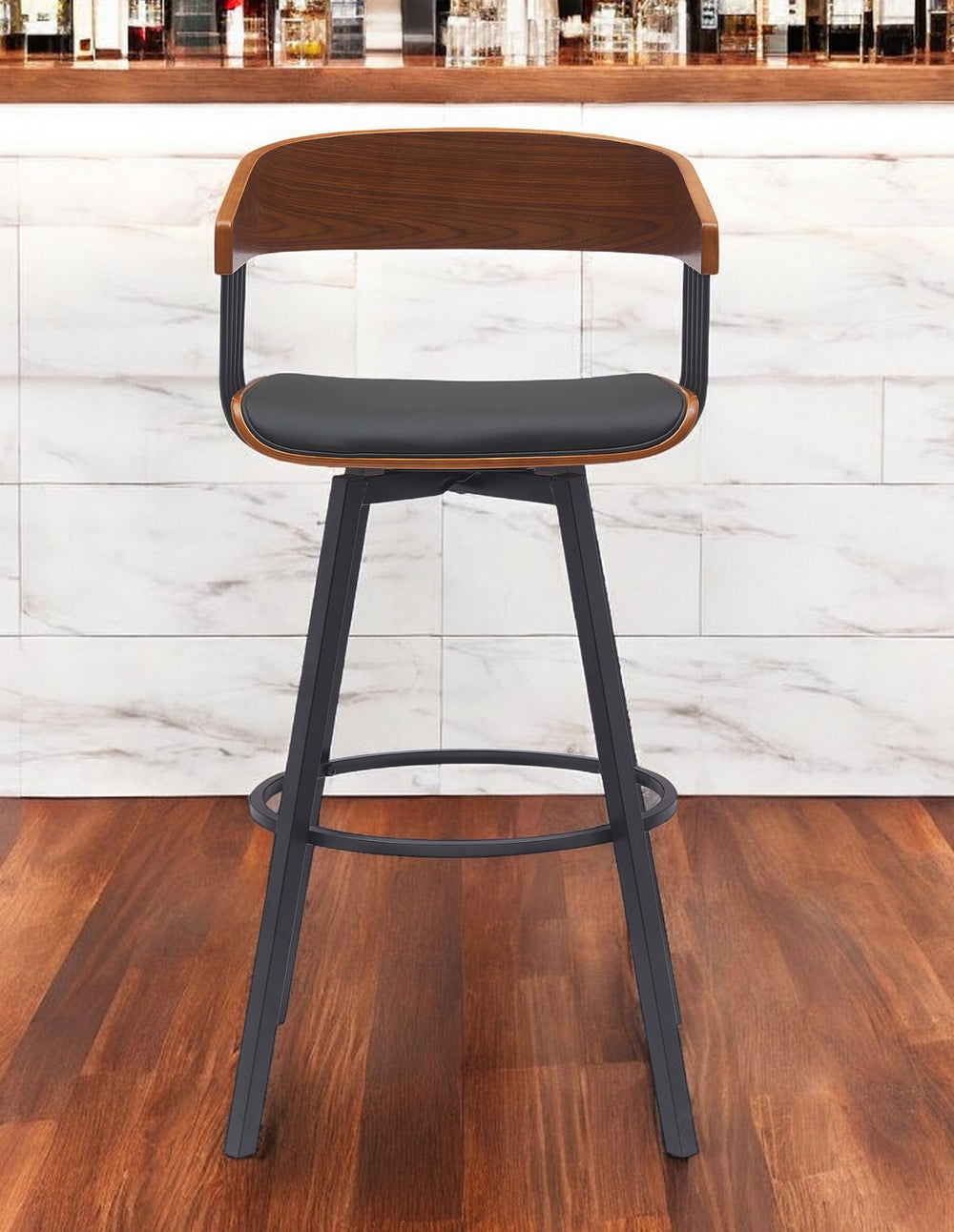 Homeroots 31" Black Faux Leather And Metal Swivel Bar Height Bar Chair   534455