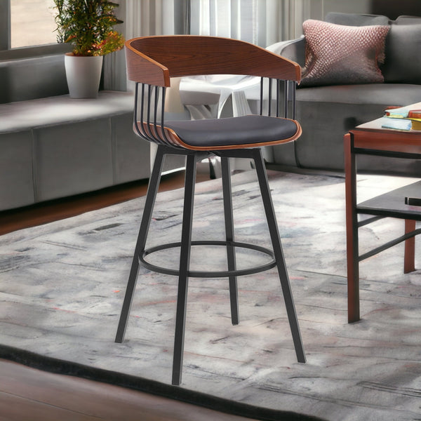 Homeroots 31" Black Faux Leather And Metal Swivel Bar Height Bar Chair   534455