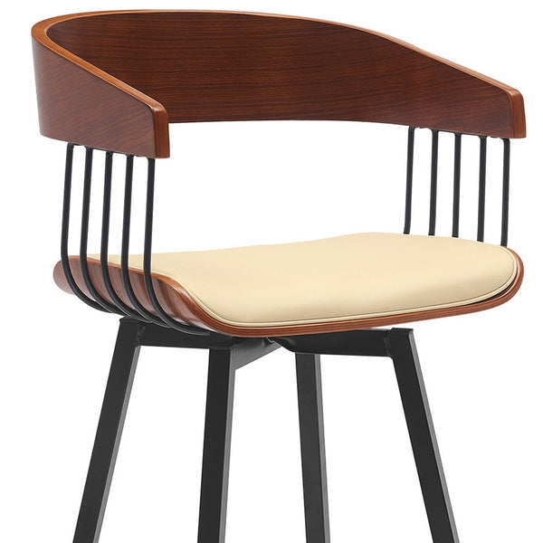 Homeroots 31" Cream And Black Faux Leather With Metal Swivel Bar Height Bar Chair   534456