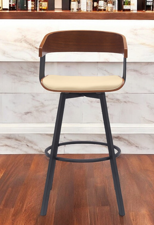 Homeroots 31" Cream And Black Faux Leather With Metal Swivel Bar Height Bar Chair   534456