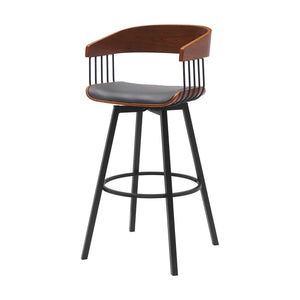 Homeroots 31" Gray And Black Faux Leather With Metal Swivel Bar Height Bar Chair   534457