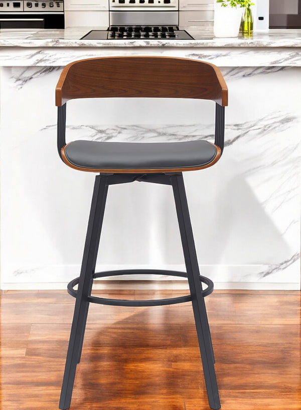 Homeroots 31" Gray And Black Faux Leather With Metal Swivel Bar Height Bar Chair   534457