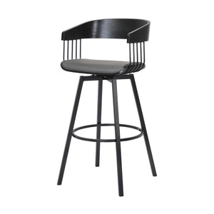 Homeroots 31" Gray And Black Faux Leather With Metal Swivel Bar Height Bar Chair   534458