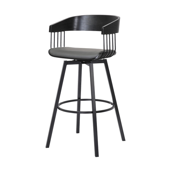 Homeroots 31" Gray And Black Faux Leather With Metal Swivel Bar Height Bar Chair   534458