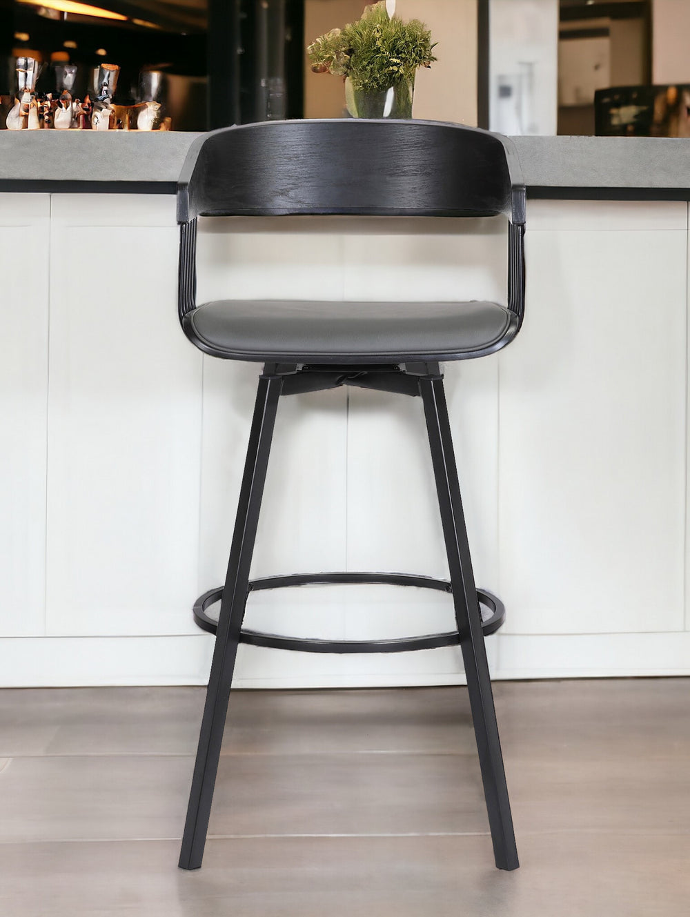 Homeroots 31" Gray And Black Faux Leather With Metal Swivel Bar Height Bar Chair   534458