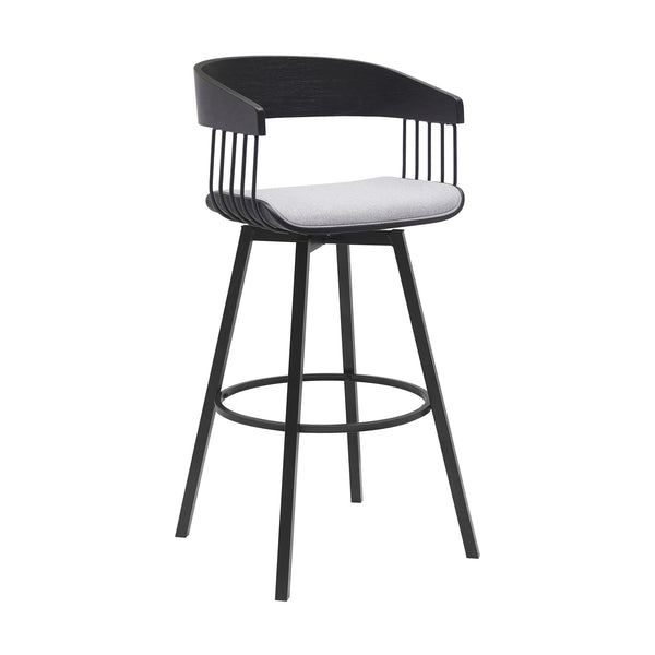 Homeroots 31" Light Gray And Black Fabric With Metal Swivel Bar Height Bar Chair   534459