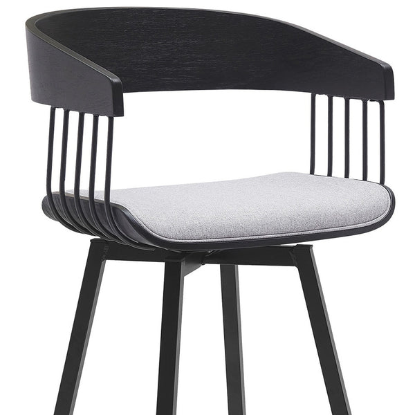 Homeroots 31" Light Gray And Black Fabric With Metal Swivel Bar Height Bar Chair   534459