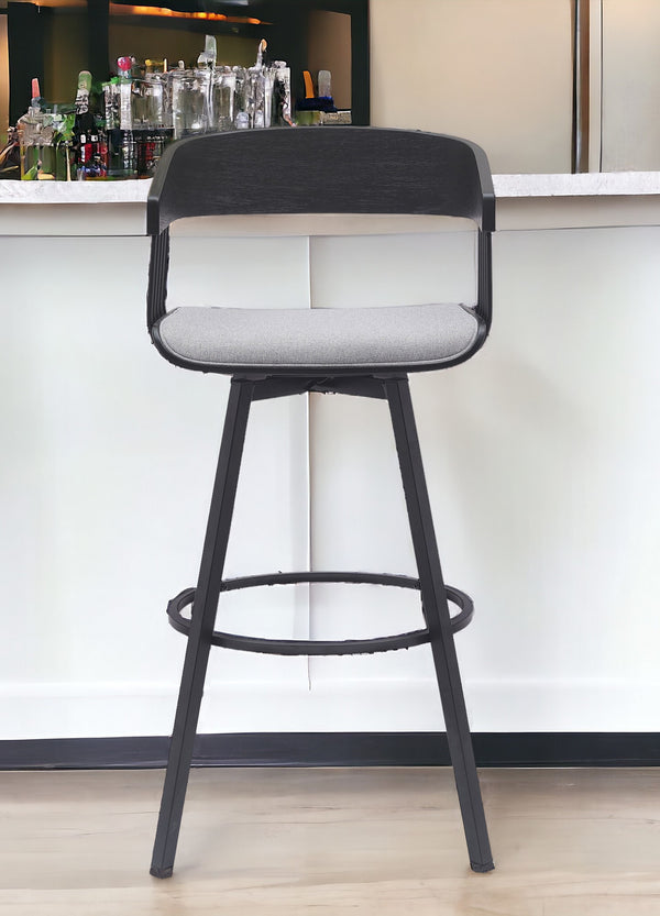 Homeroots 31" Light Gray And Black Fabric With Metal Swivel Bar Height Bar Chair   534459