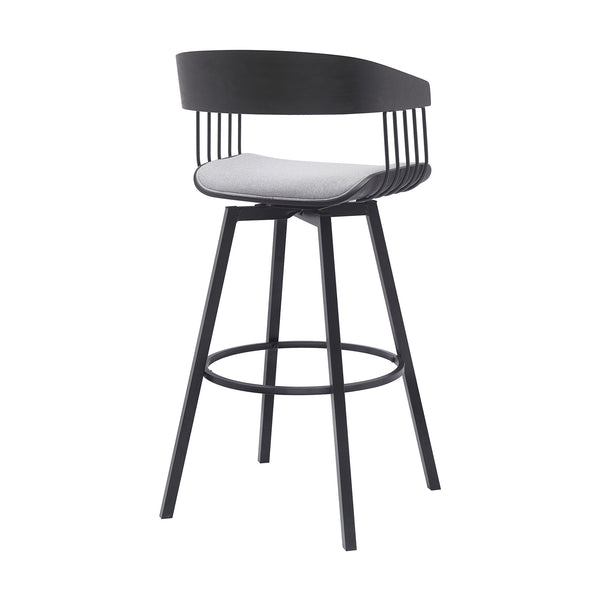 Homeroots 31" Light Gray And Black Fabric With Metal Swivel Bar Height Bar Chair   534459