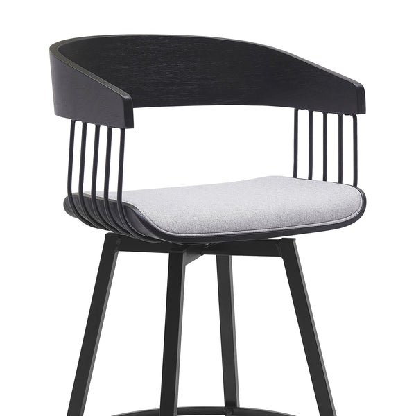Homeroots 31" Light Gray And Black Fabric With Metal Swivel Bar Height Bar Chair   534459