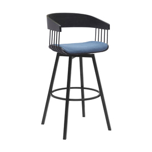 Homeroots 31" Blue And Black Fabric With Metal Swivel Bar Height Bar Chair   534460