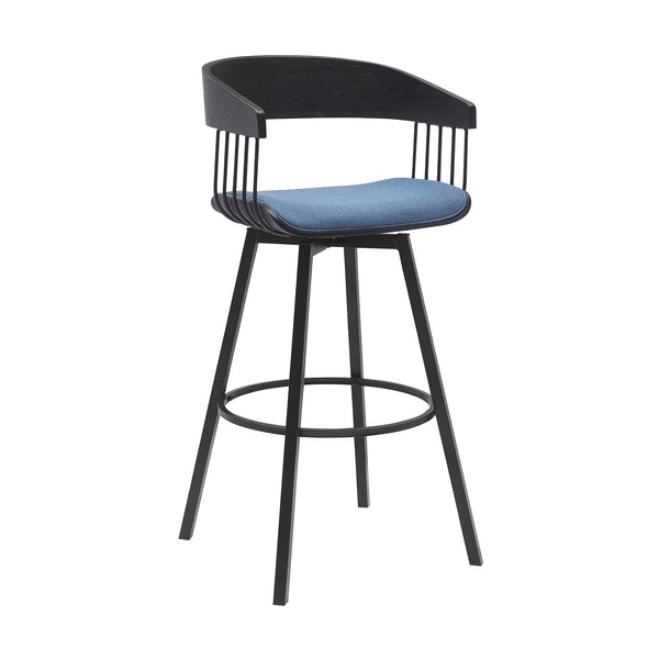 Homeroots 31" Blue And Black Fabric With Metal Swivel Bar Height Bar Chair   534460