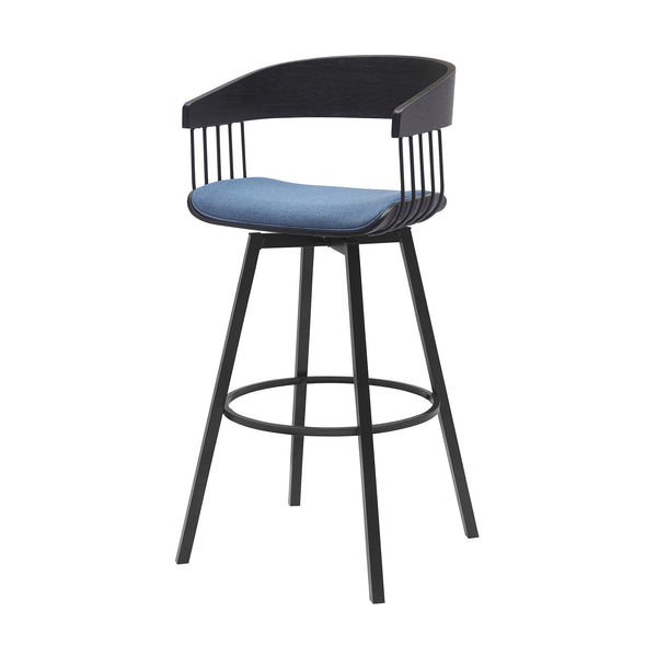 Homeroots 31" Blue And Black Fabric With Metal Swivel Bar Height Bar Chair   534460