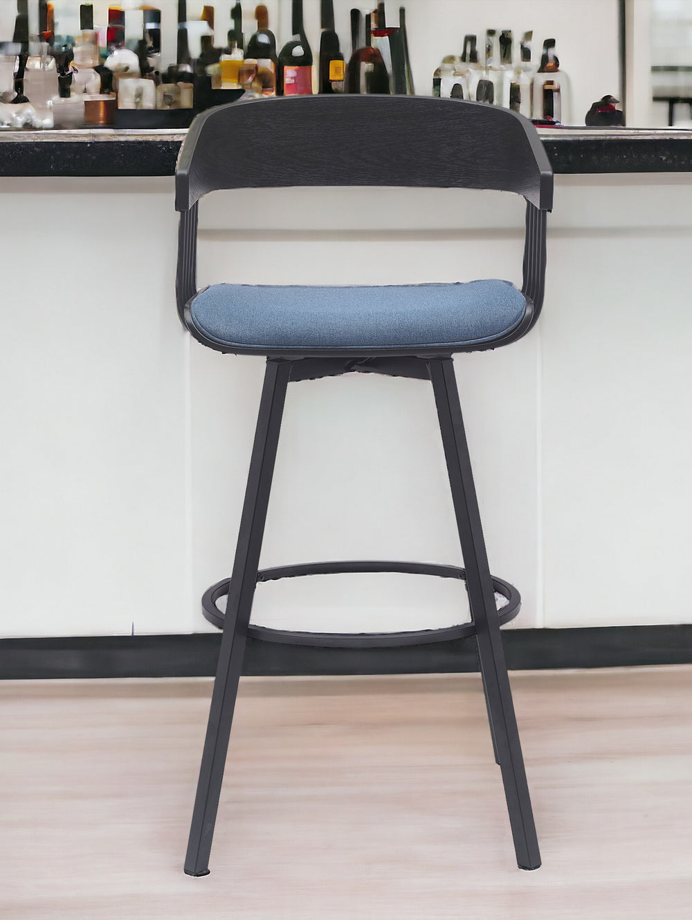 Homeroots 31" Blue And Black Fabric With Metal Swivel Bar Height Bar Chair   534460