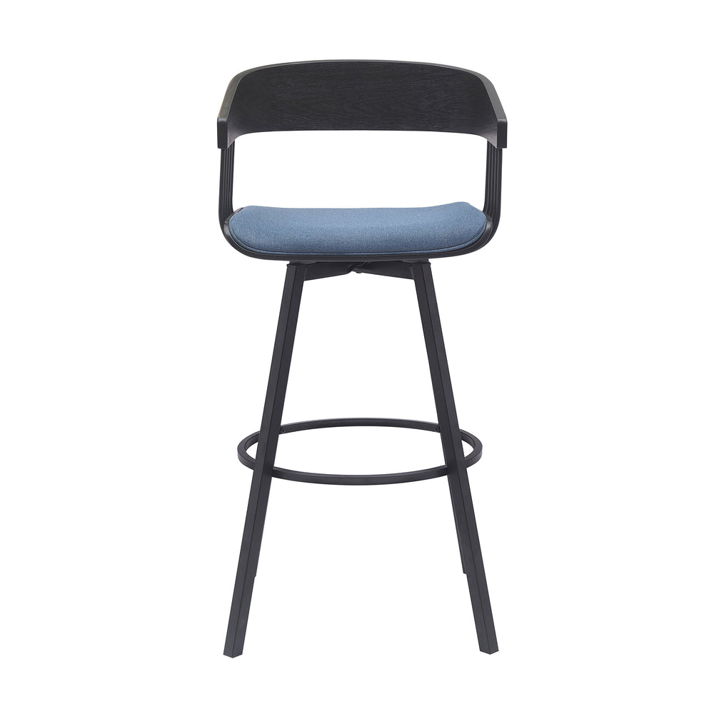 Homeroots 31" Blue And Black Fabric With Metal Swivel Bar Height Bar Chair   534460