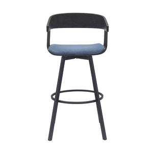 Homeroots 31" Blue And Black Fabric With Metal Swivel Bar Height Bar Chair   534460
