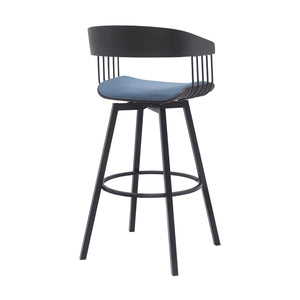 Homeroots 31" Blue And Black Fabric With Metal Swivel Bar Height Bar Chair   534460