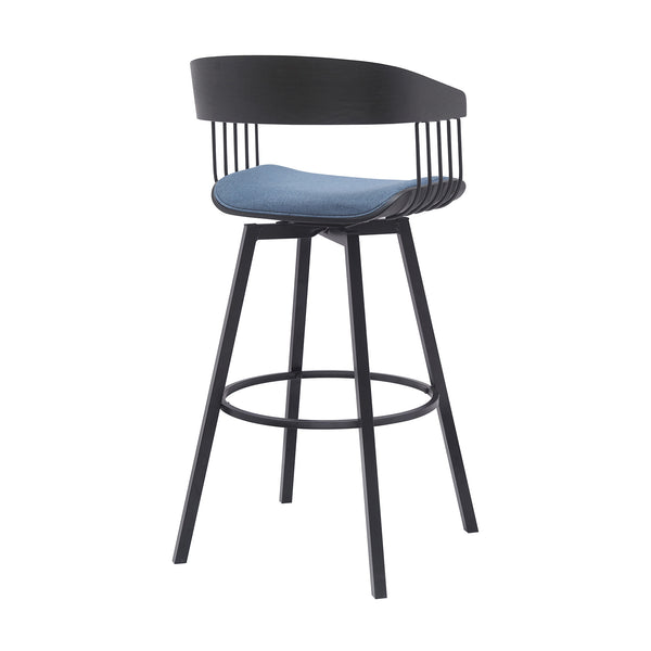 Homeroots 31" Blue And Black Fabric With Metal Swivel Bar Height Bar Chair   534460