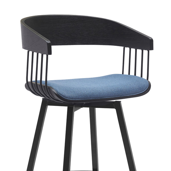 Homeroots 31" Blue And Black Fabric With Metal Swivel Bar Height Bar Chair   534460