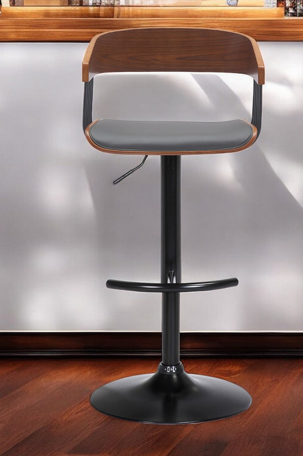 Homeroots Gray And Black Faux Leather With Metal Swivel Adjustable Height Bar Chair   534461