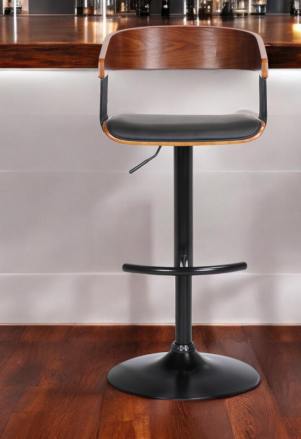 Homeroots Black Faux Leather And Metal Swivel Adjustable Height Bar Chair   534462