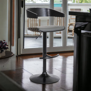 Homeroots Gray And Black Faux Leather With Metal Swivel Adjustable Height Bar Chair   534463