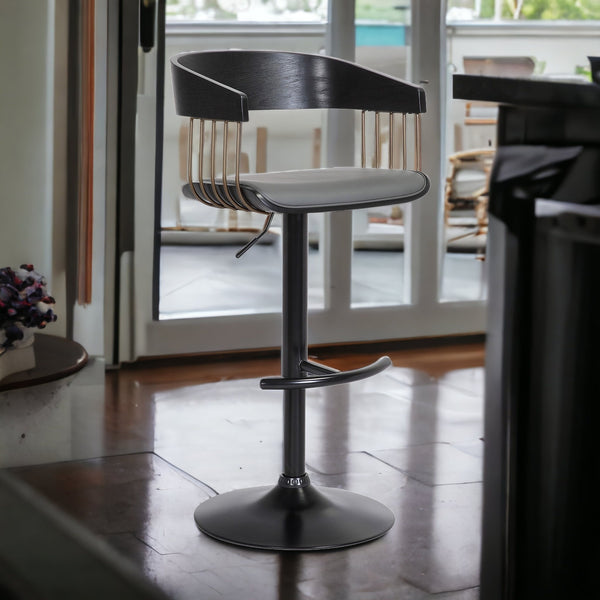 Homeroots Gray And Black Faux Leather With Metal Swivel Adjustable Height Bar Chair   534463