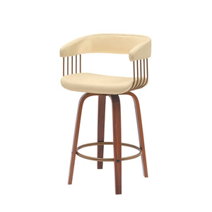 Homeroots 26" Cream And Wood Brown Faux Leather Swivel Counter Height Bar Chair   534465