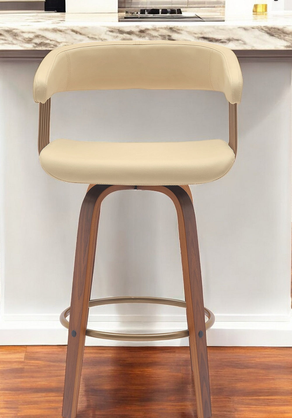 Homeroots 26" Cream And Wood Brown Faux Leather Swivel Counter Height Bar Chair   534465