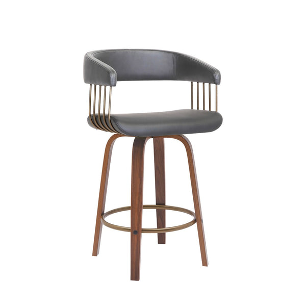 HomeRoots 26" Stylish Gray Faux Leather Swivel Counter Chair with Wood Brown Frame for Modern Home Bars 534466