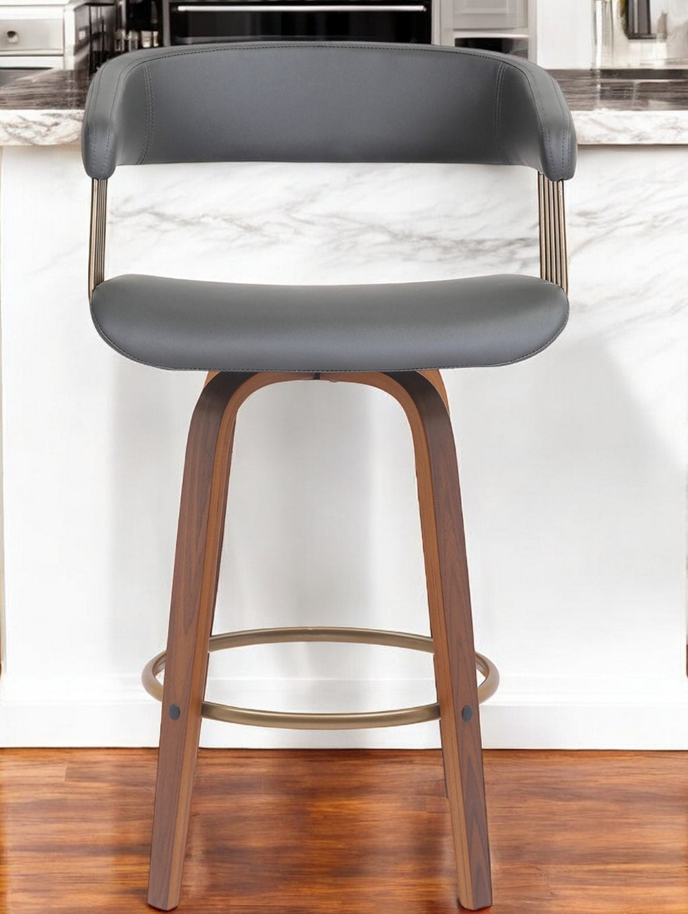 HomeRoots 26" Stylish Gray Faux Leather Swivel Counter Chair with Wood Brown Frame for Modern Home Bars 534466