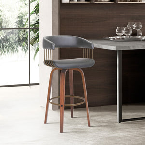 HomeRoots 26" Stylish Gray Faux Leather Swivel Counter Chair with Wood Brown Frame for Modern Home Bars 534466