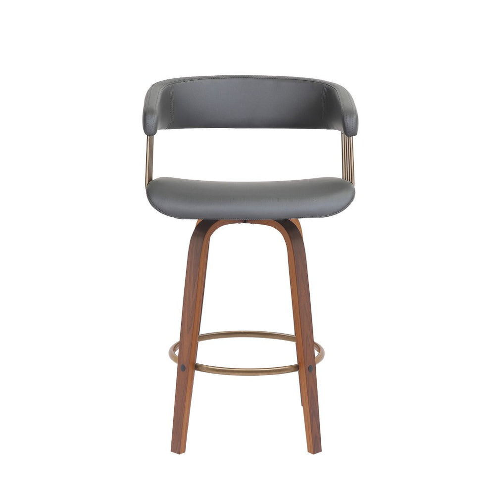 HomeRoots 26" Stylish Gray Faux Leather Swivel Counter Chair with Wood Brown Frame for Modern Home Bars 534466