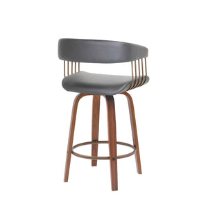 HomeRoots 26" Stylish Gray Faux Leather Swivel Counter Chair with Wood Brown Frame for Modern Home Bars 534466
