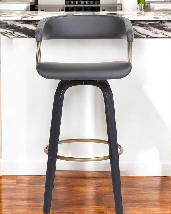 Homeroots 26" Gray And Black Faux Leather Swivel Counter Height Bar Chair   534467
