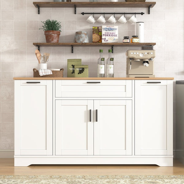 English Elm Trexm Multifunctional Sideboard with Pull Out Bottle Rack Adjustable Shelves Kitchen Storage White XW000026AAK