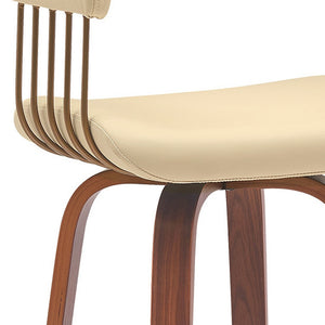 Homeroots 31" Cream And Wood Brown Faux Leather Swivel Bar Height Bar Chair   534469
