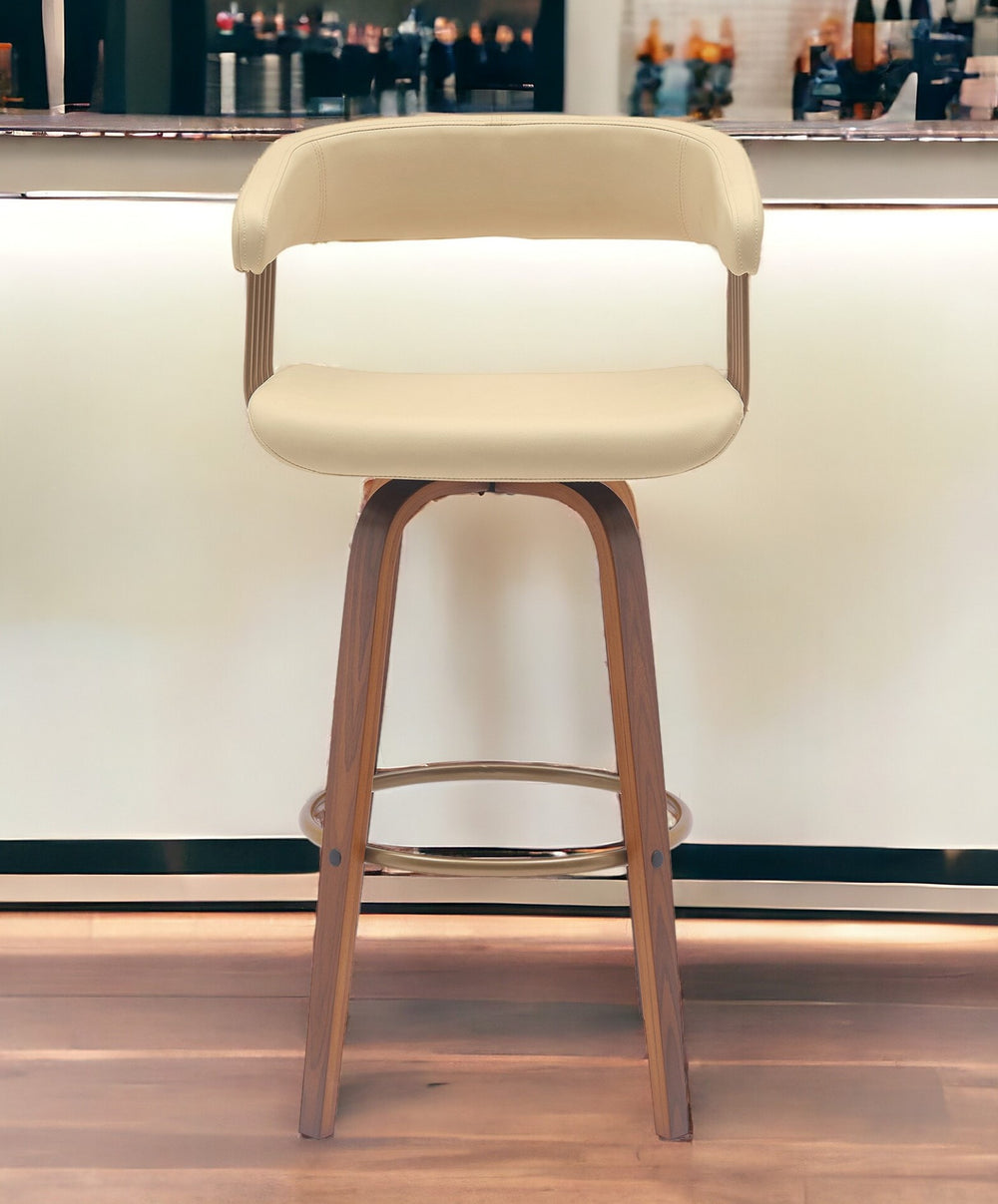 Homeroots 31" Cream And Wood Brown Faux Leather Swivel Bar Height Bar Chair   534469