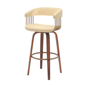 Homeroots 31" Cream And Wood Brown Faux Leather Swivel Bar Height Bar Chair   534469
