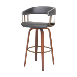Homeroots 31" Gray And Wood Brown Faux Leather Swivel Bar Height Bar Chair   534470
