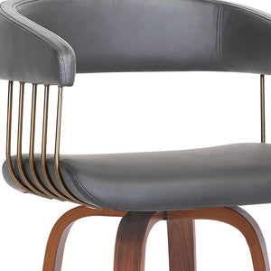 Homeroots 31" Gray And Wood Brown Faux Leather Swivel Bar Height Bar Chair   534470