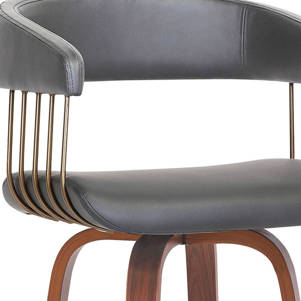 Homeroots 31" Gray And Wood Brown Faux Leather Swivel Bar Height Bar Chair   534470