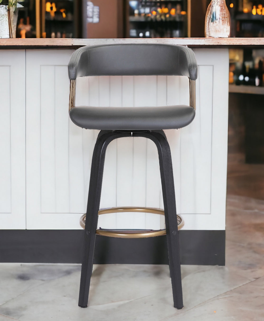 Homeroots 31" Gray And Black Faux Leather Swivel Bar Height Bar Chair   534471