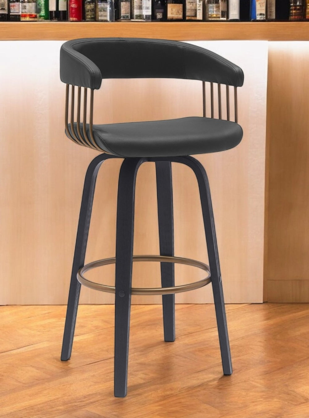 HomeRoots 31" Black Faux Leather Swivel Bar Chair - Stylish Ergonomic Design with 360° Mobility and Comfort 534472