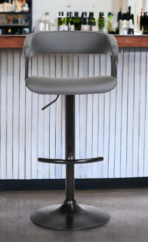 Homeroots Gray And Black Faux Leather With Metal Swivel Adjustable Height Bar Chair   534473