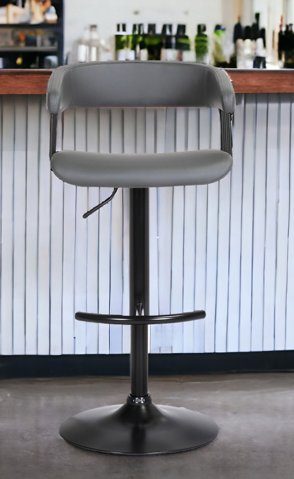 Homeroots Gray And Black Faux Leather With Metal Swivel Adjustable Height Bar Chair   534473
