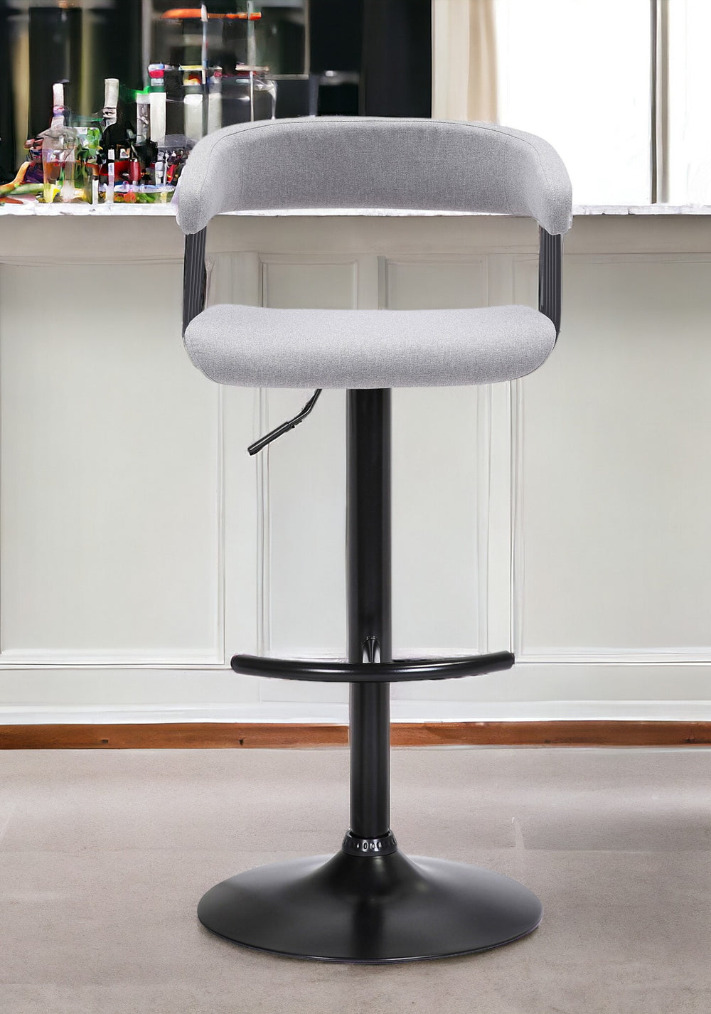 Homeroots Light Gray And Black Fabric With Metal Swivel Adjustable Height Bar Chair   534474