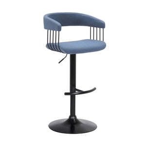 Homeroots Blue And Black Fabric With Metal Swivel Adjustable Height Bar Chair   534475